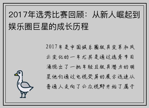 2017年选秀比赛回顾：从新人崛起到娱乐圈巨星的成长历程