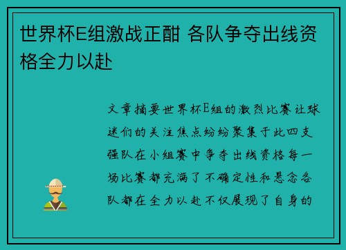 世界杯E组激战正酣 各队争夺出线资格全力以赴