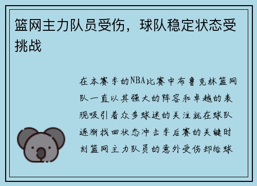 篮网主力队员受伤，球队稳定状态受挑战